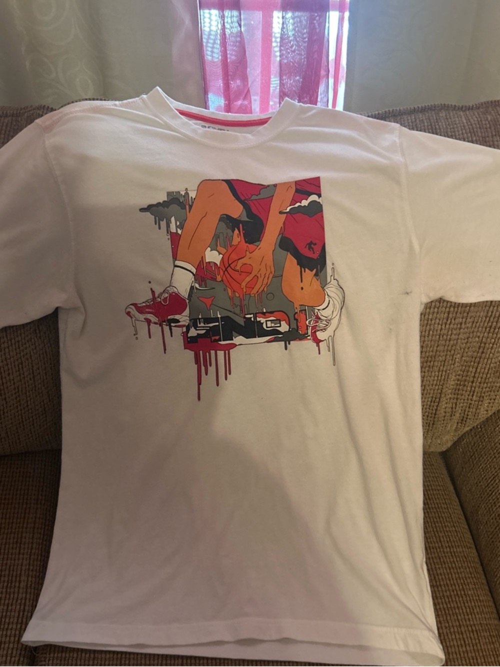 And1 White Graphic Short Sleeve Tee with Red and Orange Artwork